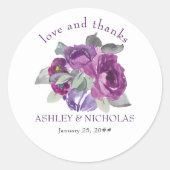 Paarse Bloemen Elegante Liefde en Bedankt Bruiloft Ronde Sticker (Voorkant)