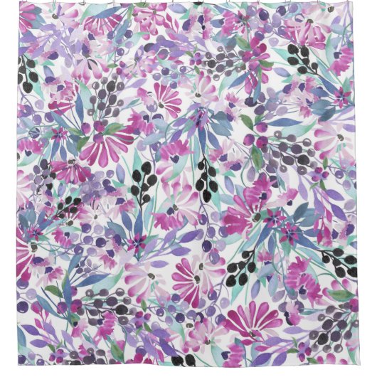 Paarse bloemen en bessen: Waterverf Douchegordijn (Voorkant)