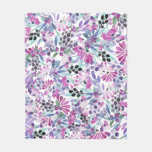 Paarse bloemen en bessen: Waterverf Fleece Deken (Voorkant)