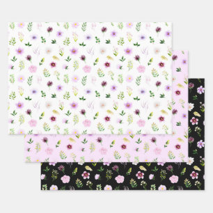 Paarse Bloemen en Bladpatroon Inpakpapier Vel