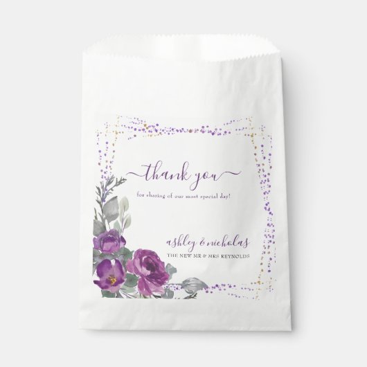 Paarse Bloemen en Confetti Bruiloft Dank u Bedankzakje (Voorkant)