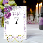 Paarse Bloemen en Elegant Script Bruiloft Kaart<br><div class="desc">Mooie paarse bloemenbruiloft tafel nummer met boeketten van waterverf rozen en bloemen. Het ontwerp heeft een elegant handgeschreven schrift, paarse en magenta bloemstukken, grijsgroene bladeren en bladeren en een scheutje paarse en gouden confetti. Blader door mijn Plush Paarse Bloemen collectie voor overeenkomende items of stuur me een bericht naar creëer...</div>