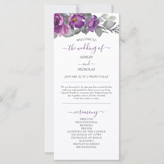 Paarse Bloemen en Elegant Script bruiloft programm (Voorkant)