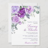 Paarse bloemen en eucalyptusbladeren bruiloft kaart (Voorkant)