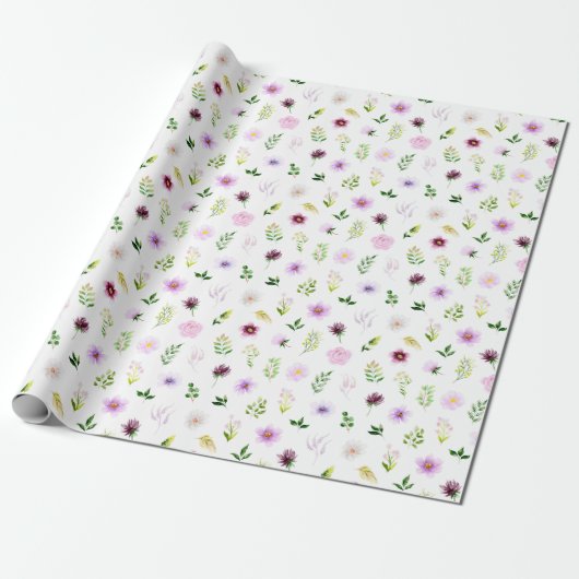 Paarse bloemen en gebladerte patroon cadeaupapier (Uitgerold)