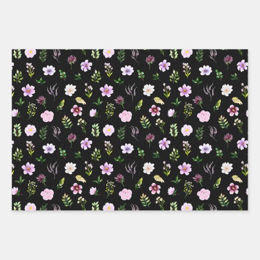 Paarse bloemen en gebladerte patroon inpakpapier vel (Voorkant 3)