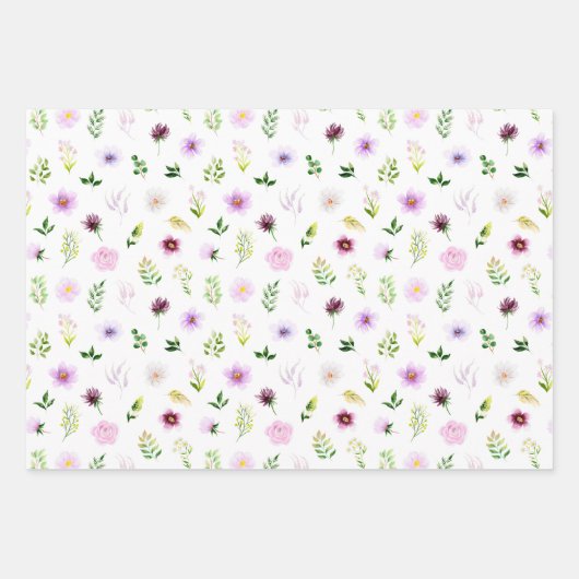 Paarse bloemen en gebladerte patroon inpakpapier vel (Voorkant)