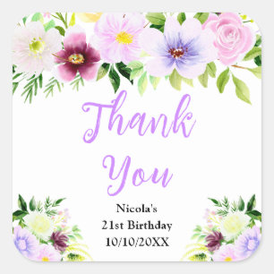 Paarse Bloemen en Gebloemde Verjaardags Bedankt Vierkante Sticker
