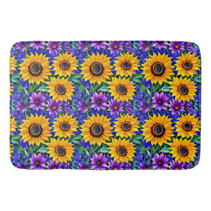 Paarse bloemen en gele zonnebloemen Bloemen Badmat