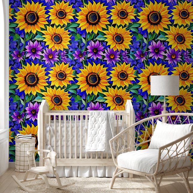 Paarse bloemen en gele zonnebloemen Bloemen Behang (Kinderen)