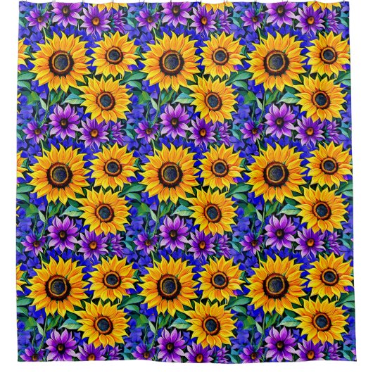 Paarse bloemen en gele zonnebloemen Bloemen Douchegordijn (Voorkant)