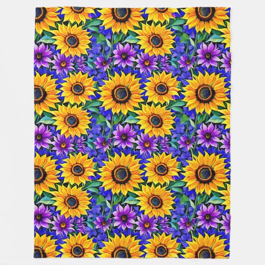 Paarse bloemen en gele zonnebloemen Bloemen Fleece Deken (Voorkant)