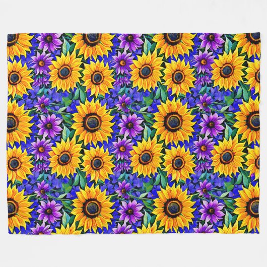 Paarse bloemen en gele zonnebloemen Bloemen Fleece Deken (Voorkant (Horizontaal))