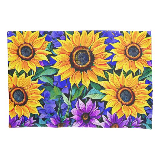 Paarse bloemen en gele zonnebloemen Bloemen Kussensloop (Voorkant-Links)