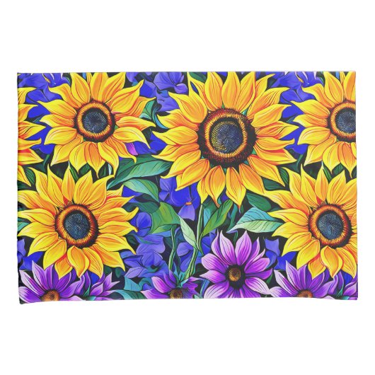 Paarse bloemen en gele zonnebloemen Bloemen Kussensloop (Voorkant-Rechts)