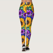 Paarse bloemen en gele zonnebloemen Bloemen Leggings (Achterkant)
