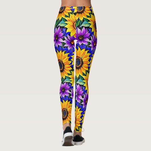 Paarse bloemen en gele zonnebloemen Bloemen Leggings (Achterkant)