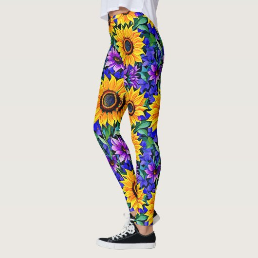 Paarse bloemen en gele zonnebloemen Bloemen Leggings (Links)