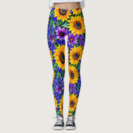 Paarse bloemen en gele zonnebloemen Bloemen Leggings