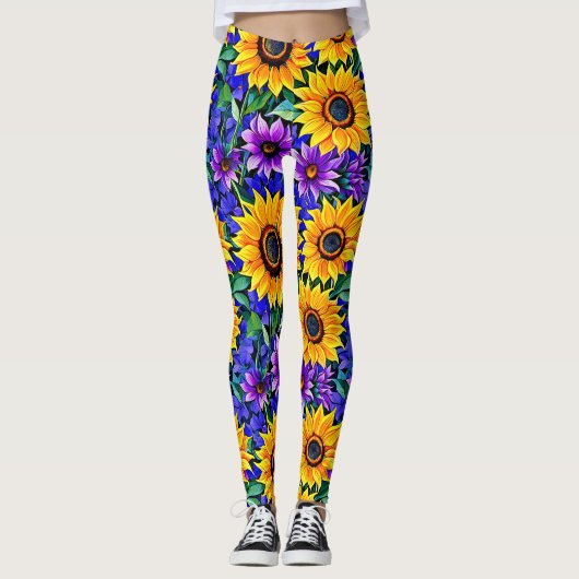 Paarse bloemen en gele zonnebloemen Bloemen Leggings (Voorkant)