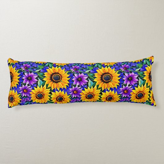 Paarse bloemen en gele zonnebloemen Bloemen Lichaamskussen (Achterkant)