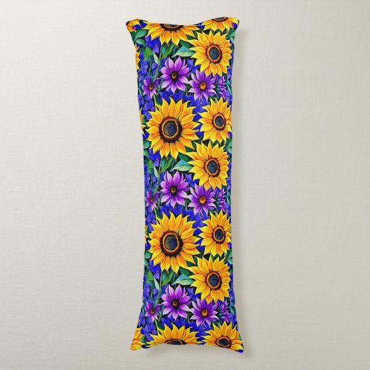 Paarse bloemen en gele zonnebloemen Bloemen Lichaamskussen (Voorkant Verticaal)