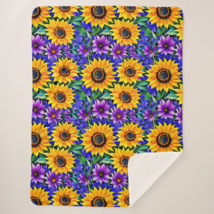 Paarse bloemen en gele zonnebloemen Bloemen Sherpa Deken