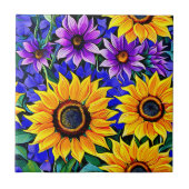 Paarse bloemen en gele zonnebloemen Bloemen Tegeltje (Voorkant)