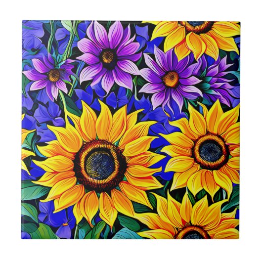 Paarse bloemen en gele zonnebloemen Bloemen Tegeltje (Voorkant)