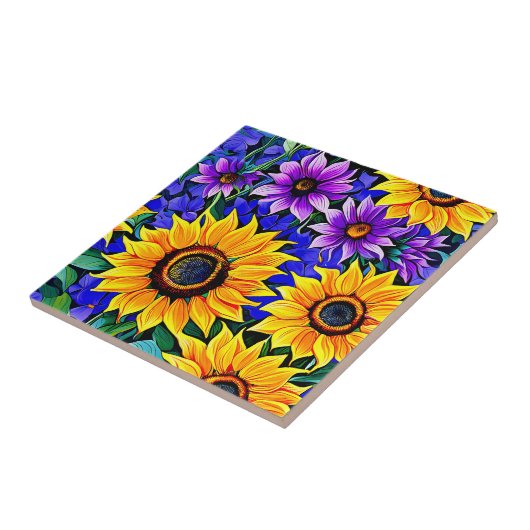 Paarse bloemen en gele zonnebloemen Bloemen Tegeltje (Zijkant)
