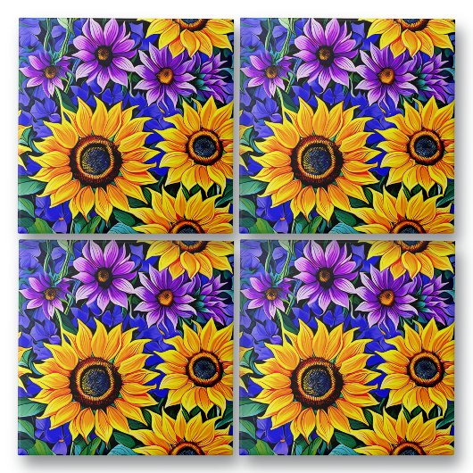 Paarse bloemen en gele zonnebloemen Bloemen Tegeltje