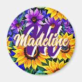 Paarse bloemen en gele zonnebloemen gepersonalisee magneet (Voorkant)