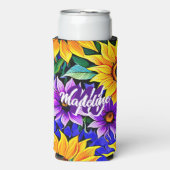 Paarse bloemen en gele zonnebloemen gepersonalisee seltzer blikjeskoeler (Seltzer Voorkant)