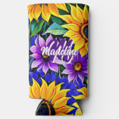 Paarse bloemen en gele zonnebloemen gepersonalisee seltzer blikjeskoeler (Voorkant)
