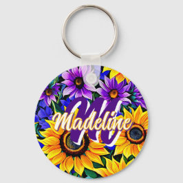 Paarse bloemen en gele zonnebloemen gepersonalisee sleutelhanger