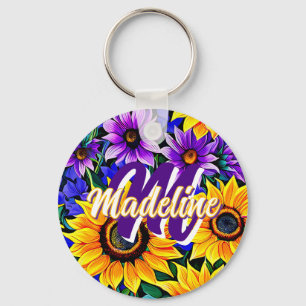 Paarse bloemen en gele zonnebloemen gepersonalisee sleutelhanger