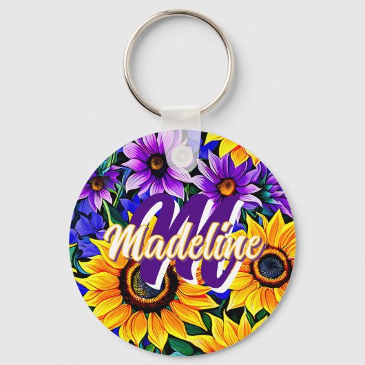 Paarse bloemen en gele zonnebloemen gepersonalisee sleutelhanger (Voorkant)