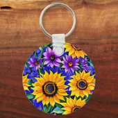 Paarse bloemen en gele zonnebloemen gepersonalisee sleutelhanger (Achterkant)