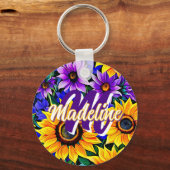 Paarse bloemen en gele zonnebloemen gepersonalisee sleutelhanger (Voorkant)