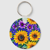 Paarse bloemen en gele zonnebloemen gepersonalisee sleutelhanger (Achterkant)
