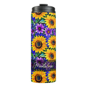 Paarse bloemen en gele zonnebloemen gepersonalisee thermosbeker