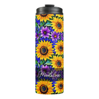Paarse bloemen en gele zonnebloemen gepersonalisee thermosbeker