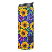 Paarse bloemen en gele zonnebloemen gepersonalisee thermosbeker (Gedraaid links)