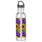 Paarse bloemen en gele zonnebloemen gepersonalisee waterfles  (Achterkant)