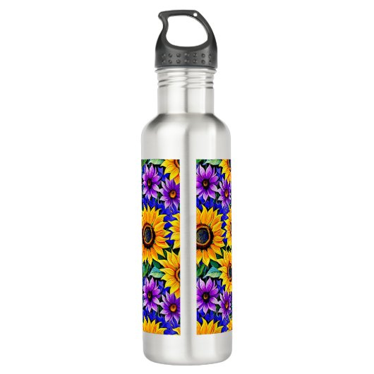 Paarse bloemen en gele zonnebloemen gepersonalisee waterfles  (Achterkant)