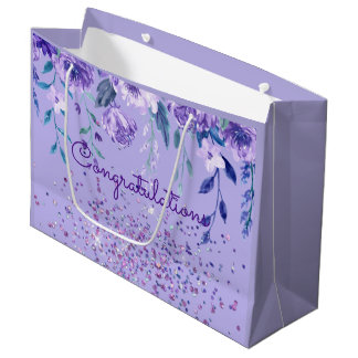 Paarse Bloemen en Glitter Geschenkzak Groot Cadeauzakje