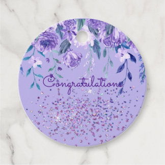 Paarse Bloemen en Glitter Ronde Gift Tag Bedankjes Labels