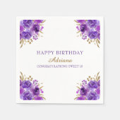 Paarse Bloemen en Gouden Blad Gelukkig Verjaardags Servet (Voorkant)