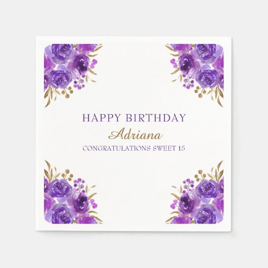 Paarse Bloemen en Gouden Blad Gelukkig Verjaardags Servet (Voorkant)