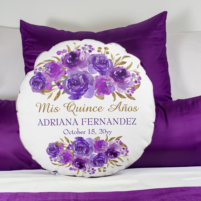 Paarse Bloemen en Gouden Blad Quinceanera Keepsake Rond Kussen (Purple floral keepsake pillow from my Rose and Gold Leaf quinceanera collection)
